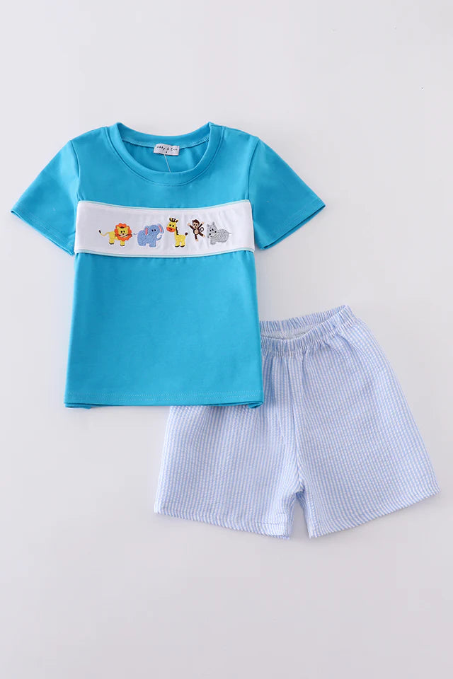 Animals & Friends Smocked Tee + Seersucker Shorts