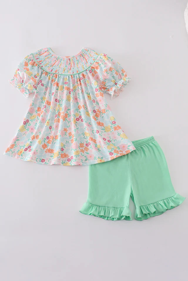 Green Springtime ruffle short set