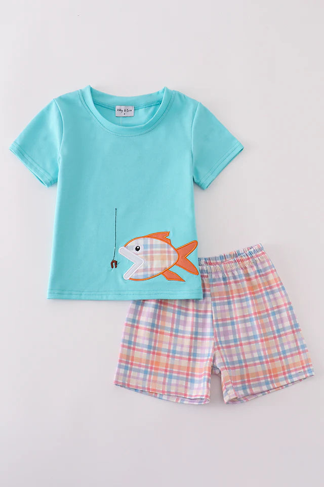 Blue Plaid Fish short set